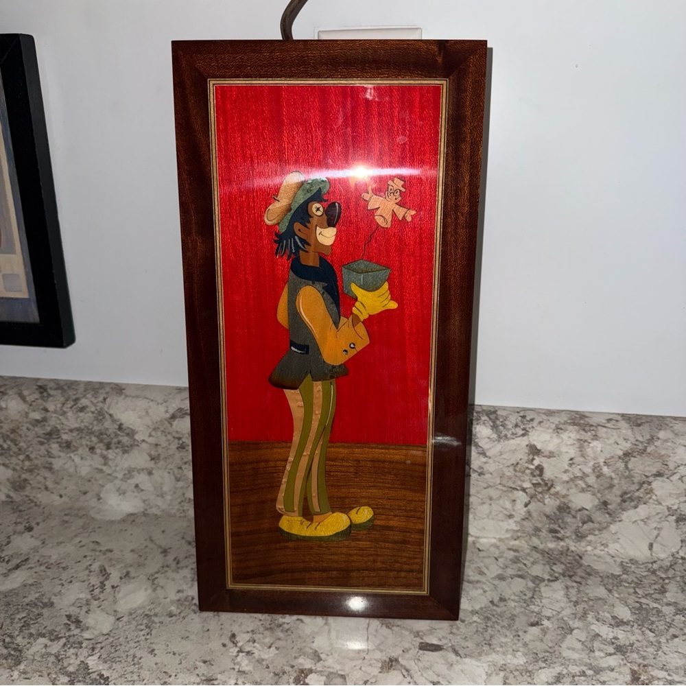 vintage Italian handmade wood inlaid picture / Sorrento intarsia art / clown